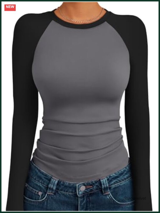Tops - Women's Long Sleeve Raglan T-Shirt Stretchy Crew Neck Fitted